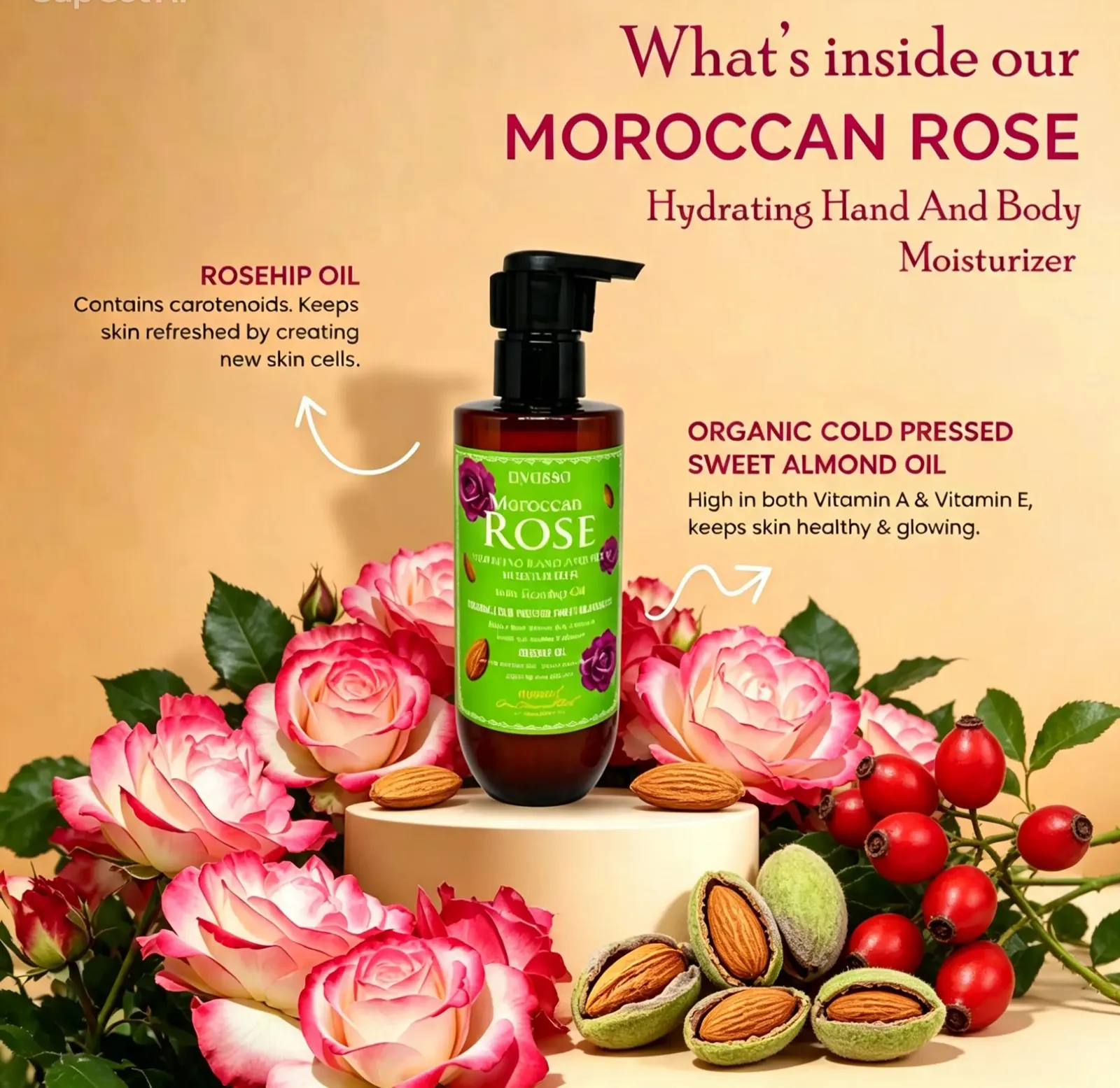 Nyassa Moroccan Rose Hand and Body Moisturizer with Rosehip Oil & Organic Sweet Almond Oil 200ml